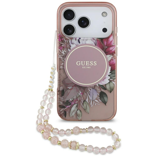 MagSafe ovitek za Apple iPhone 17 Pro, Guess, IML Flowers with Pearl Strap, Roza