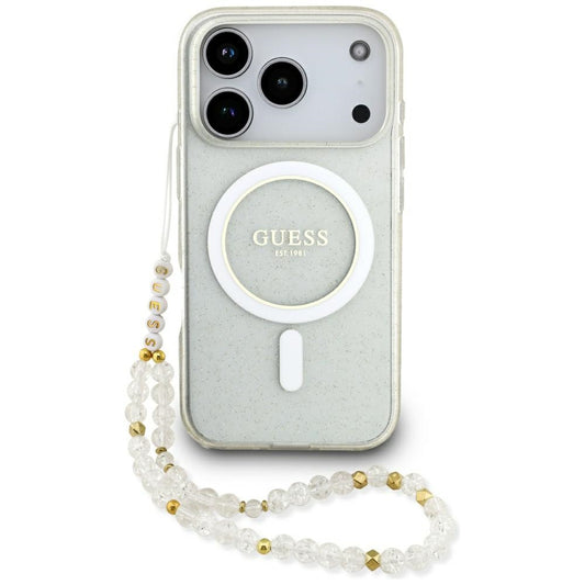 Ovitek MagSafe za Apple iPhone 17 Pro, Guess, IML Glitter with Pearl Strap, Prozoren