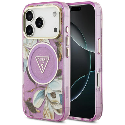 Ovitek MagSafe za Apple iPhone 17 Pro, Guess, IML Metal Glitter Flowers Triangle, Vijolična