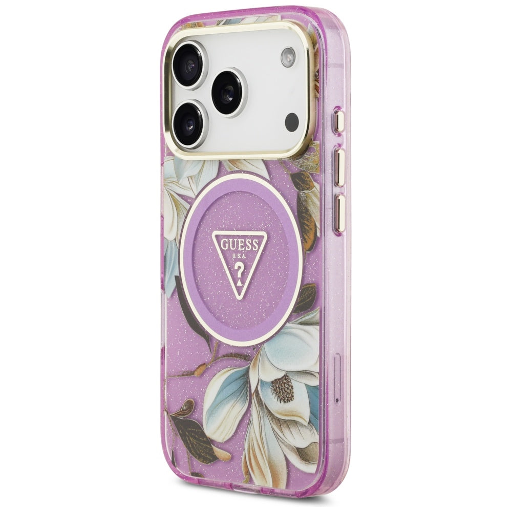 Ovitek MagSafe za Apple iPhone 17 Pro, Guess, IML Metal Glitter Flowers Triangle, Vijolična