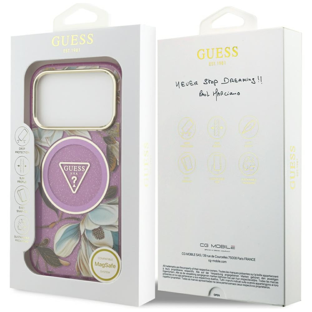 Ovitek MagSafe za Apple iPhone 17 Pro, Guess, IML Metal Glitter Flowers Triangle, Vijolična
