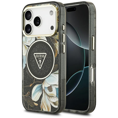 Ovitek MagSafe za Apple iPhone 17 Pro, Guess, IML Metal Glitter Flowers Triangle, Črna