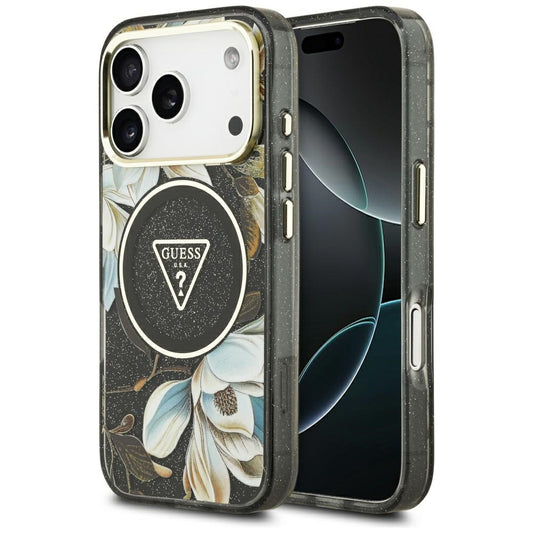 Ovitek MagSafe za Apple iPhone 17 Pro, Guess, IML Metal Glitter Flowers Triangle, Črna