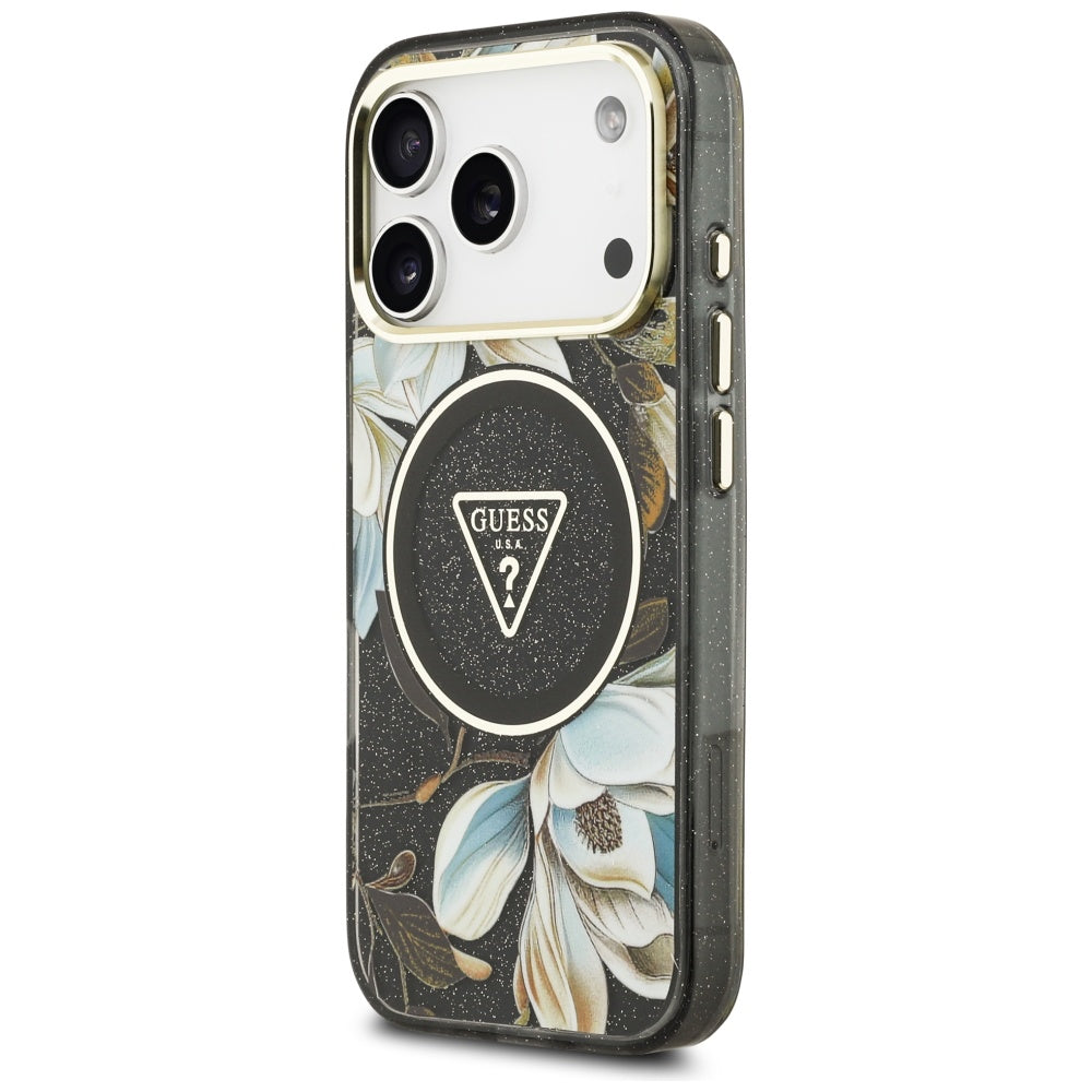 Ovitek MagSafe za Apple iPhone 17 Pro, Guess, IML Metal Glitter Flowers Triangle, Črna