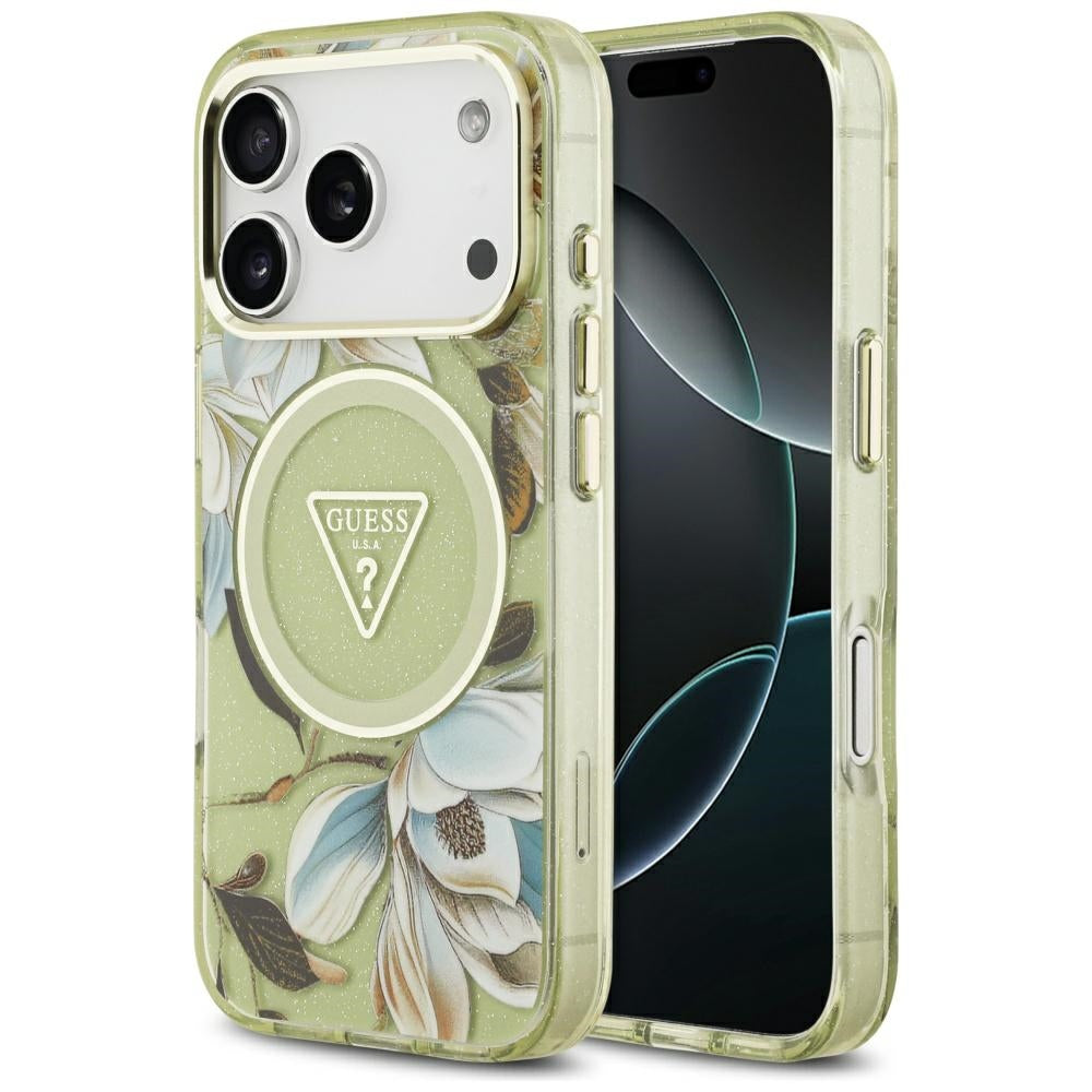 Ovitek MagSafe za Apple iPhone 17 Pro, Guess, IML Metal Glitter Flowers Triangle, Zelen