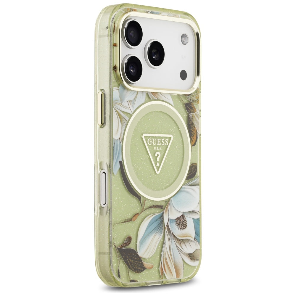 Ovitek MagSafe za Apple iPhone 17 Pro, Guess, IML Metal Glitter Flowers Triangle, Zelen