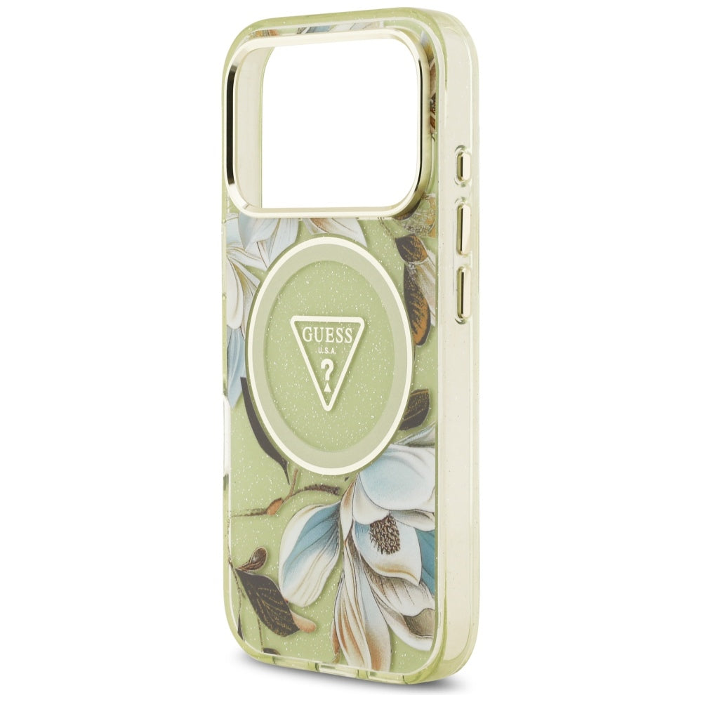 Ovitek MagSafe za Apple iPhone 17 Pro, Guess, IML Metal Glitter Flowers Triangle, Zelen