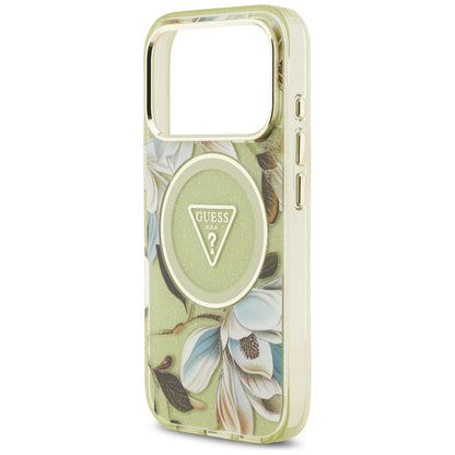 Ovitek MagSafe za Apple iPhone 17 Pro, Guess, IML Metal Glitter Flowers Triangle, Zelen