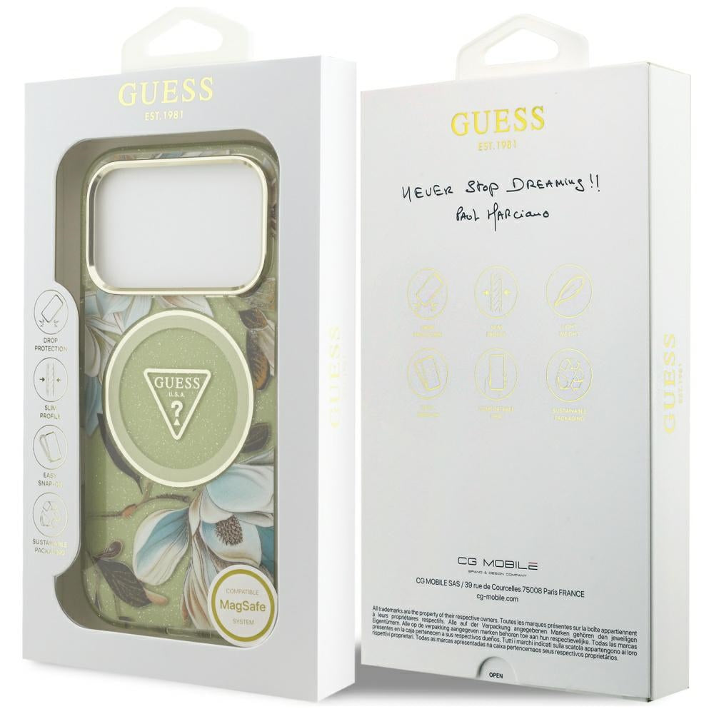Ovitek MagSafe za Apple iPhone 17 Pro, Guess, IML Metal Glitter Flowers Triangle, Zelen