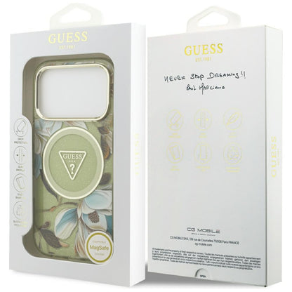 Ovitek MagSafe za Apple iPhone 17 Pro, Guess, IML Metal Glitter Flowers Triangle, Zelen