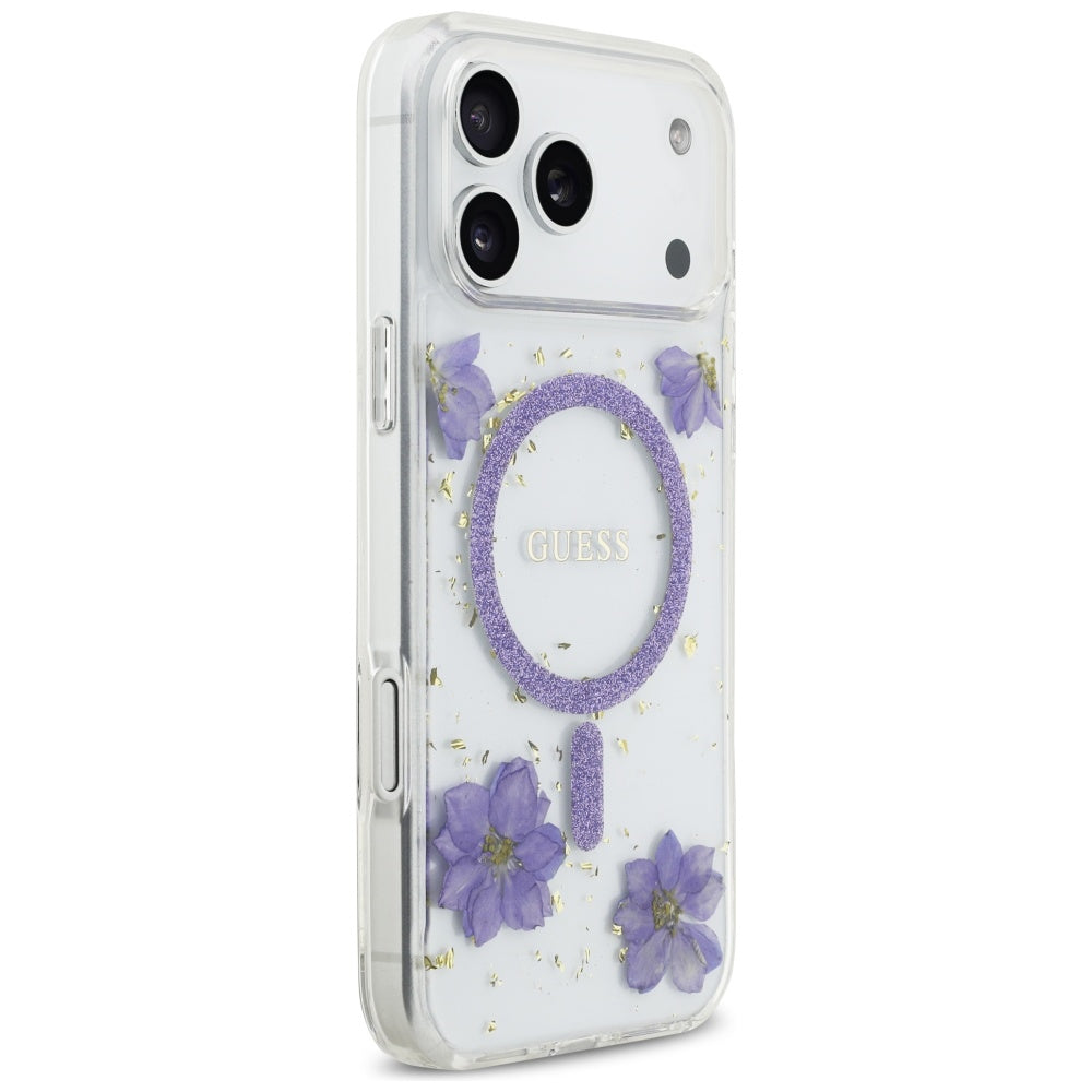 Ovitek MagSafe za Apple iPhone 17 Pro, Guess, Resin Flowers and Glitter, Vijolična