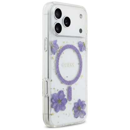 Ovitek MagSafe za Apple iPhone 17 Pro, Guess, Resin Flowers and Glitter, Vijolična