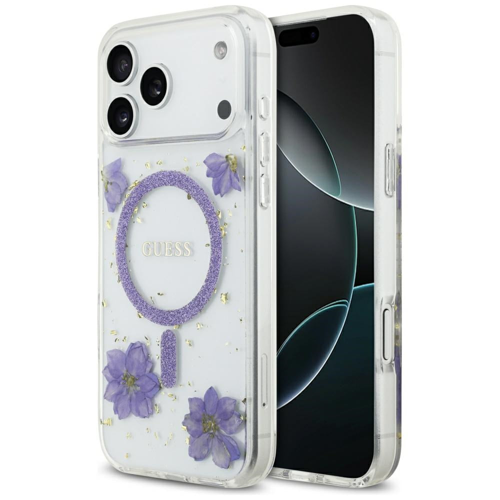 Ovitek MagSafe za Apple iPhone 17 Pro, Guess, Resin Flowers and Glitter, Vijolična