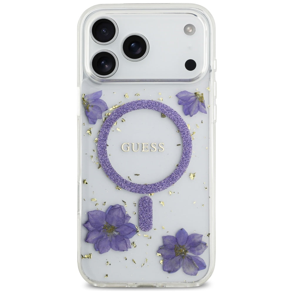 Ovitek MagSafe za Apple iPhone 17 Pro, Guess, Resin Flowers and Glitter, Vijolična