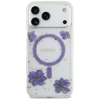Ovitek MagSafe za Apple iPhone 17 Pro, Guess, Resin Flowers and Glitter, Vijolična