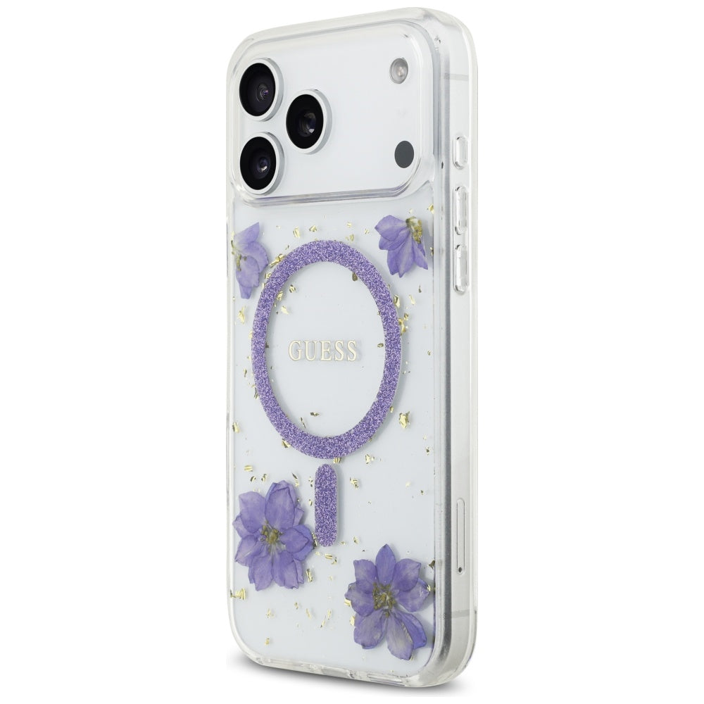 Ovitek MagSafe za Apple iPhone 17 Pro, Guess, Resin Flowers and Glitter, Vijolična