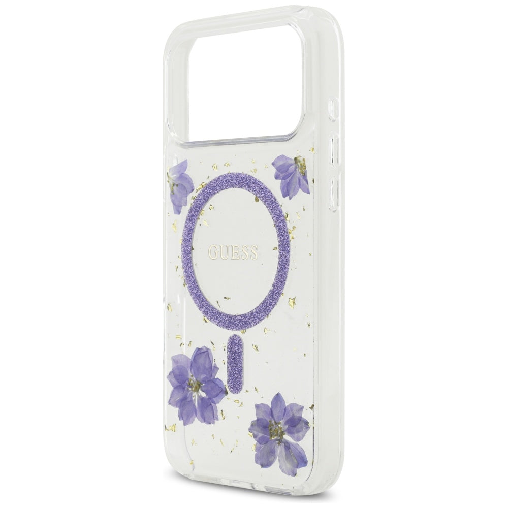 Ovitek MagSafe za Apple iPhone 17 Pro, Guess, Resin Flowers and Glitter, Vijolična