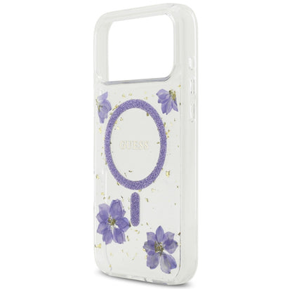Ovitek MagSafe za Apple iPhone 17 Pro, Guess, Resin Flowers and Glitter, Vijolična