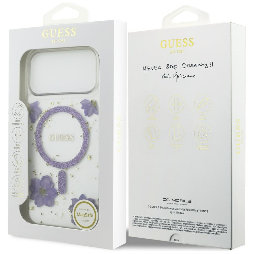 Ovitek MagSafe za Apple iPhone 17 Pro, Guess, Resin Flowers and Glitter, Vijolična