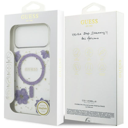 Ovitek MagSafe za Apple iPhone 17 Pro, Guess, Resin Flowers and Glitter, Vijolična