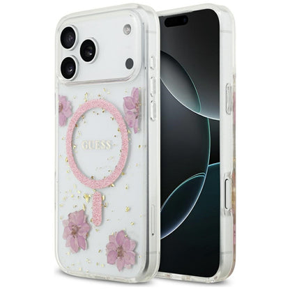 Ovitek MagSafe za Apple iPhone 17 Pro, Guess, Resin Flowers and Glitter, Roza