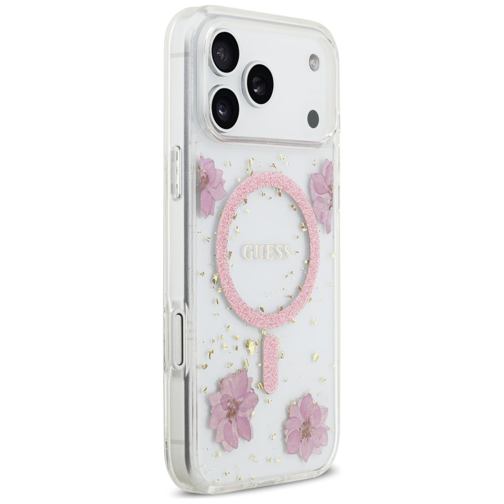Ovitek MagSafe za Apple iPhone 17 Pro, Guess, Resin Flowers and Glitter, Roza