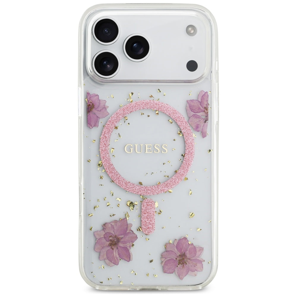 Ovitek MagSafe za Apple iPhone 17 Pro, Guess, Resin Flowers and Glitter, Roza