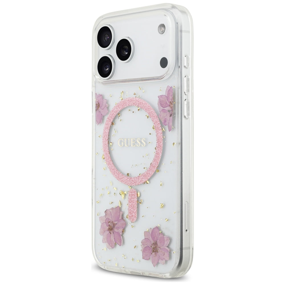 Ovitek MagSafe za Apple iPhone 17 Pro, Guess, Resin Flowers and Glitter, Roza