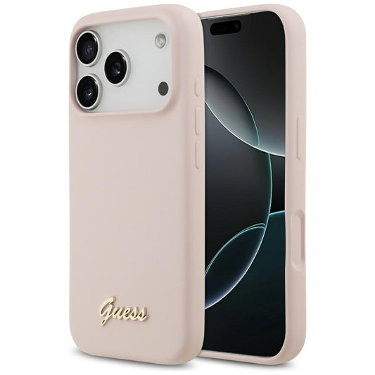 Ovitek MagSafe za Apple iPhone 17 Pro, Guess, Script Metal Logo, Svetlo roza