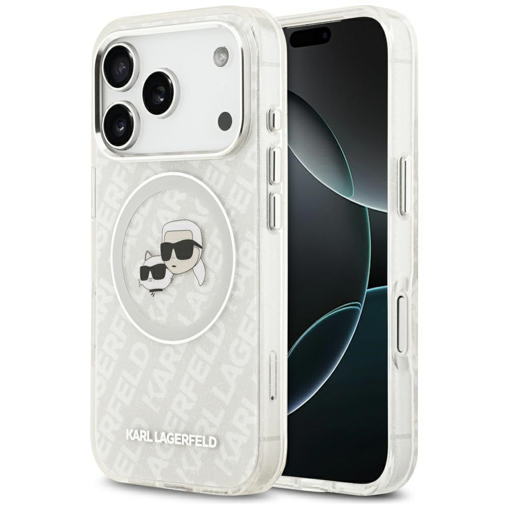 Ovitek MagSafe za Apple iPhone 17 Pro, Karl Lagerfeld, Glitter Karl & Choupette Head, Bela