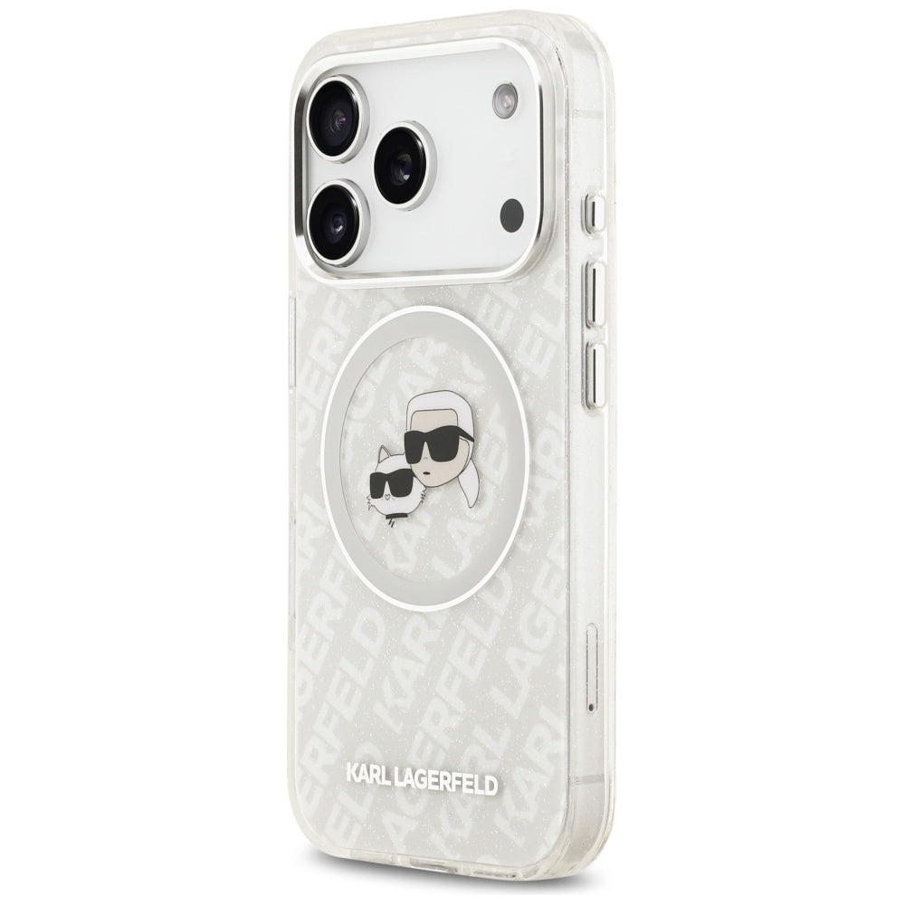 Ovitek MagSafe za Apple iPhone 17 Pro, Karl Lagerfeld, Glitter Karl & Choupette Head, Bela
