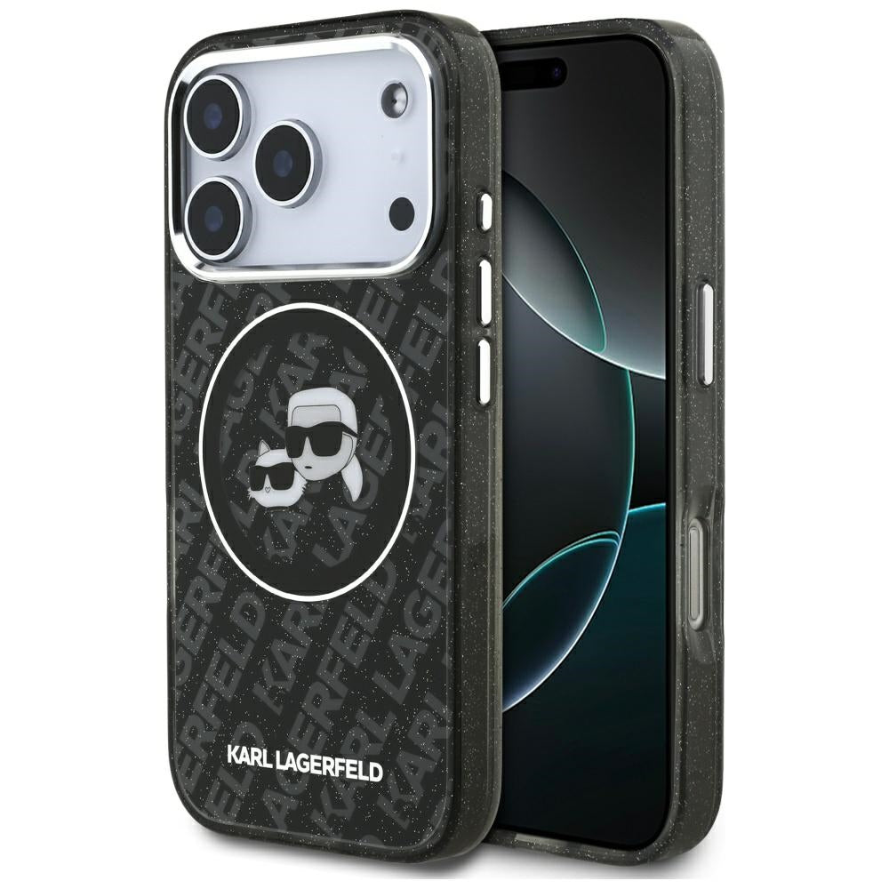 Ovitek MagSafe za Apple iPhone 17 Pro, Karl Lagerfeld, Glitter Karl & Choupette Head, črn
