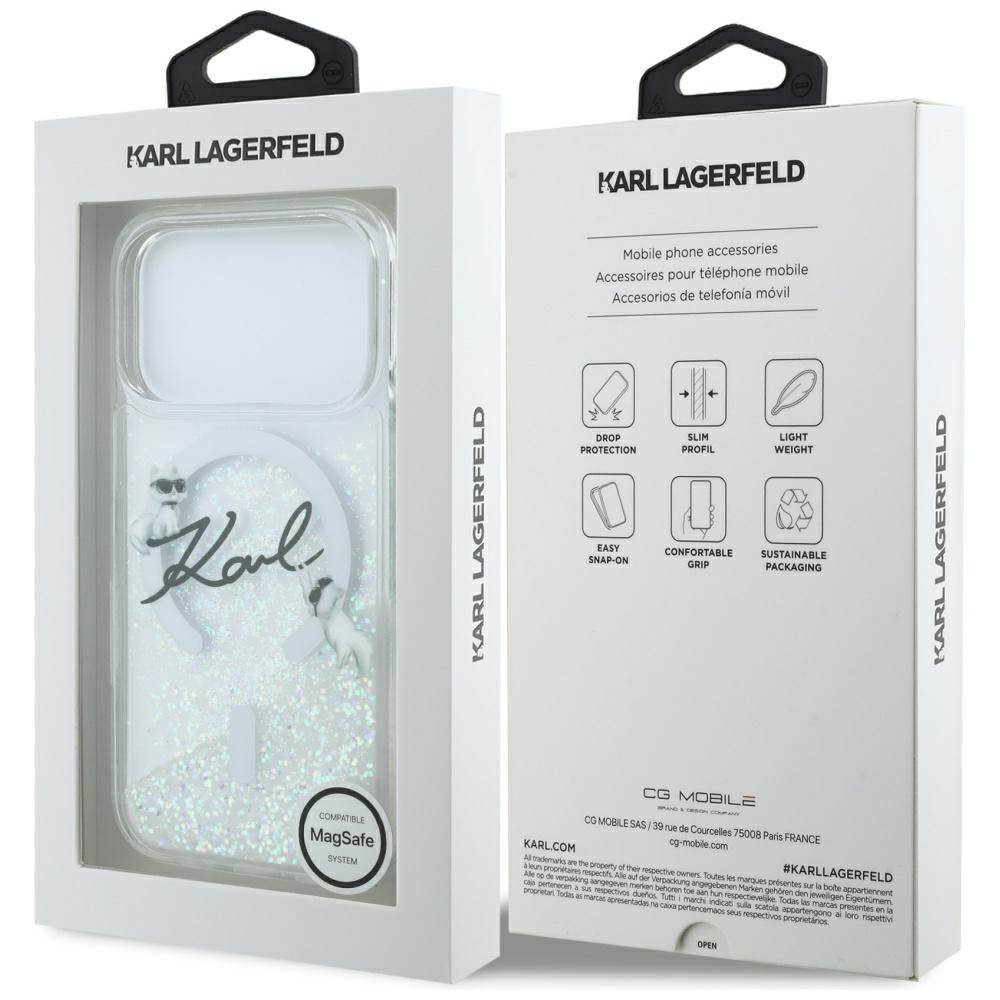 Ovitek MagSafe za Apple iPhone 17 Pro, Karl Lagerfeld, Glitter Karl Script Logo, Prozoren