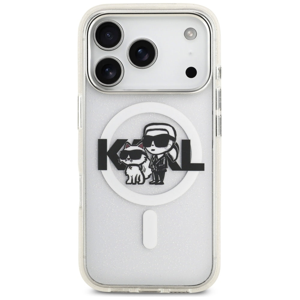 MagSafe Case for Apple iPhone 17 Pro, Karl Lagerfeld, IML Sketch Logo Glitter Karl & Choupette, Transparent