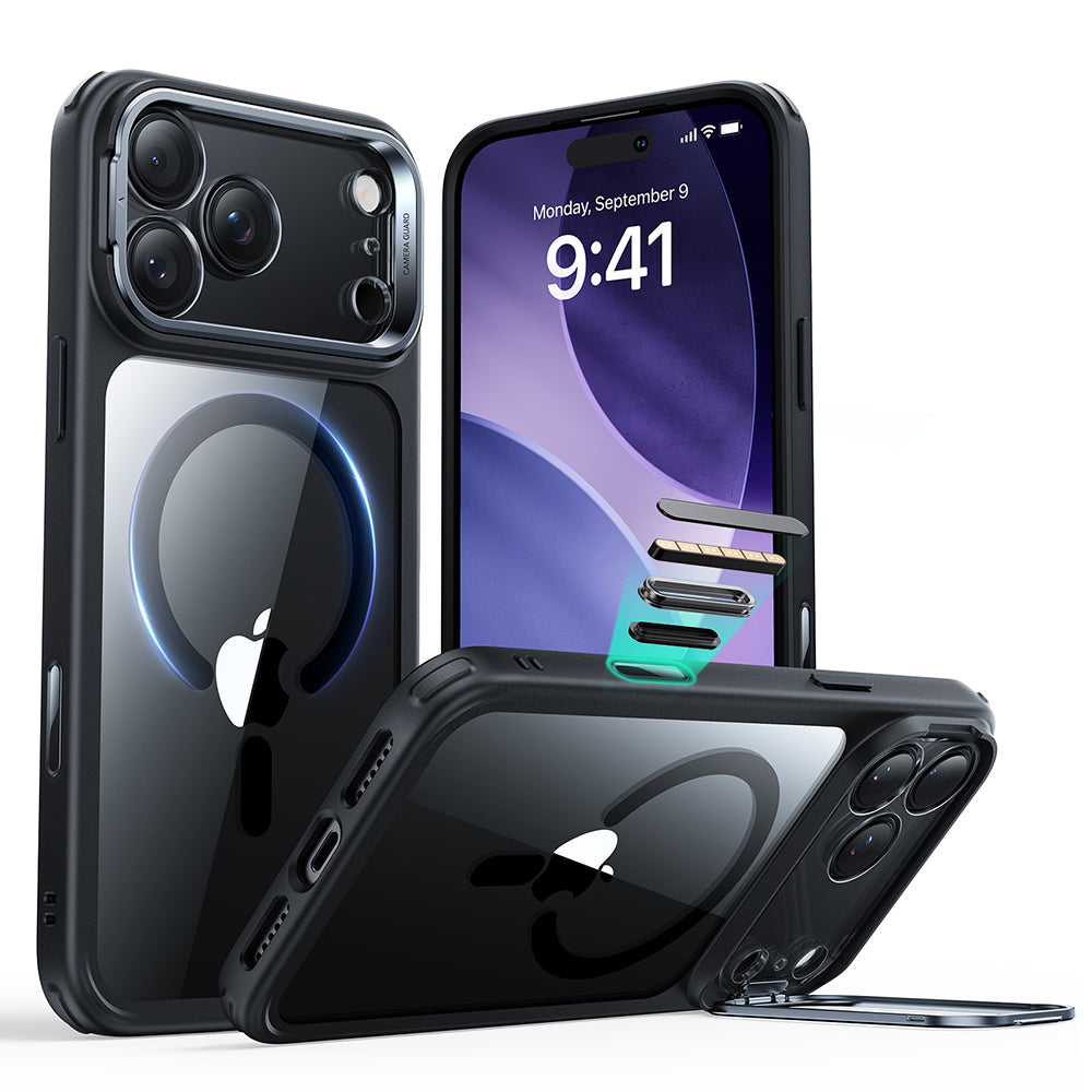 Ovitek MagSafe za Apple iPhone 17 Pro Max, ESR, Classic Hybrid Kickstand, Prozorno črn
