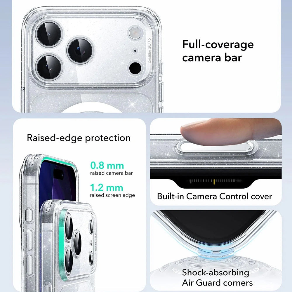 Ovitek MagSafe za Apple iPhone 17 Pro Max, ESR, Classic Hybrid Shimmer, Prozoren