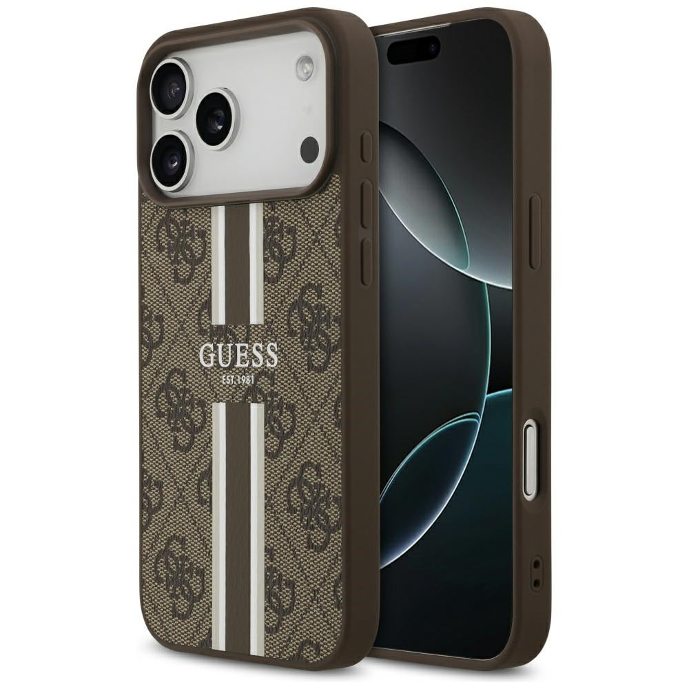 Ovitek MagSafe za Apple iPhone 17 Pro Max, Guess, 4G Printed Stripes, rjava