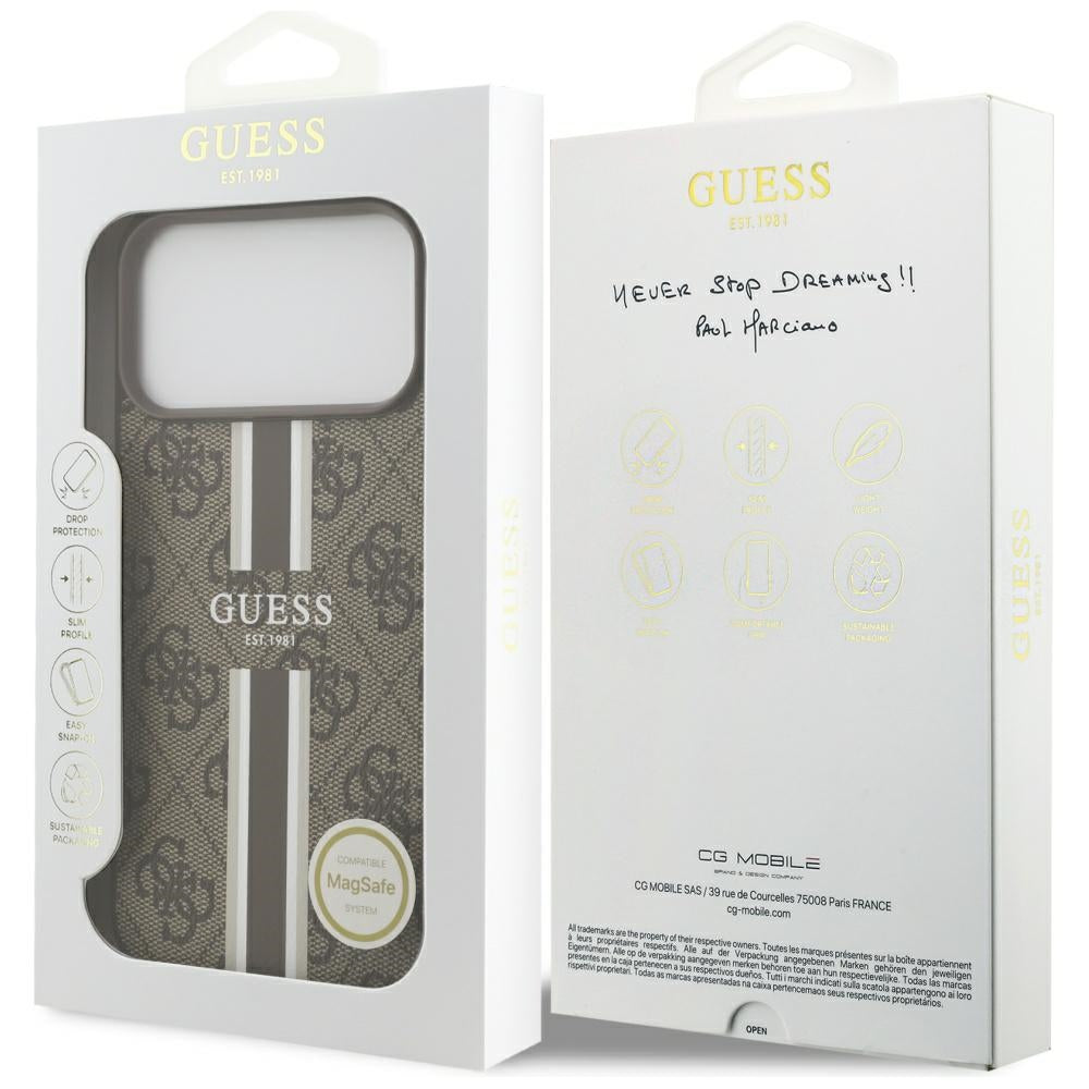 Ovitek MagSafe za Apple iPhone 17 Pro Max, Guess, 4G Printed Stripes, rjava
