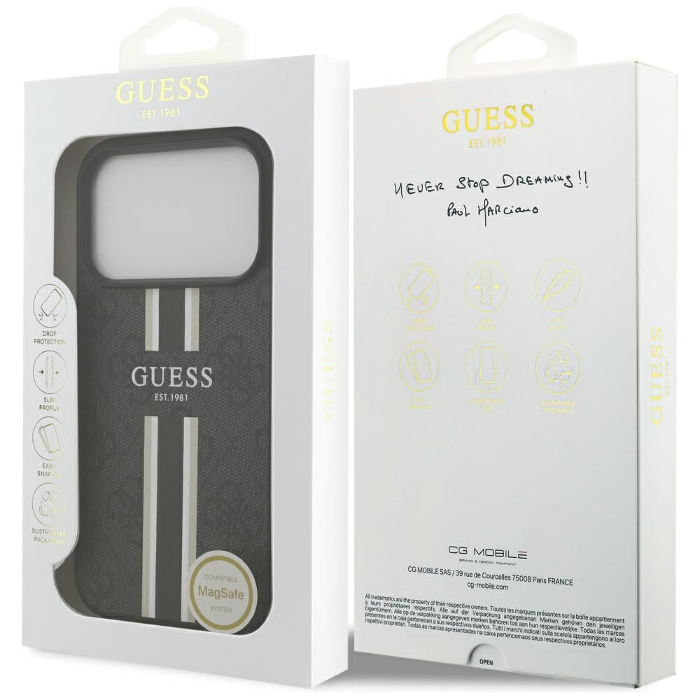 MagSafe ovitek za Apple iPhone 17 Pro Max, Guess, 4G Printed Stripes, črn
