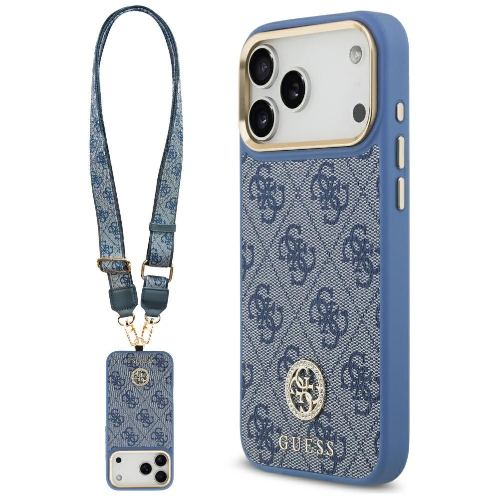 MagSafe ovitek za Apple iPhone 17 Pro Max, Guess, 4G Strass Logo with Big Strap, Modra