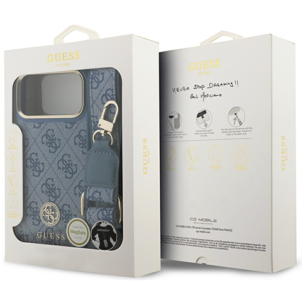 MagSafe ovitek za Apple iPhone 17 Pro Max, Guess, 4G Strass Logo with Big Strap, Modra