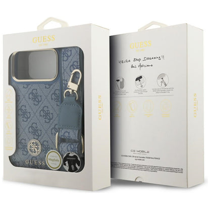 MagSafe ovitek za Apple iPhone 17 Pro Max, Guess, 4G Strass Logo with Big Strap, Modra