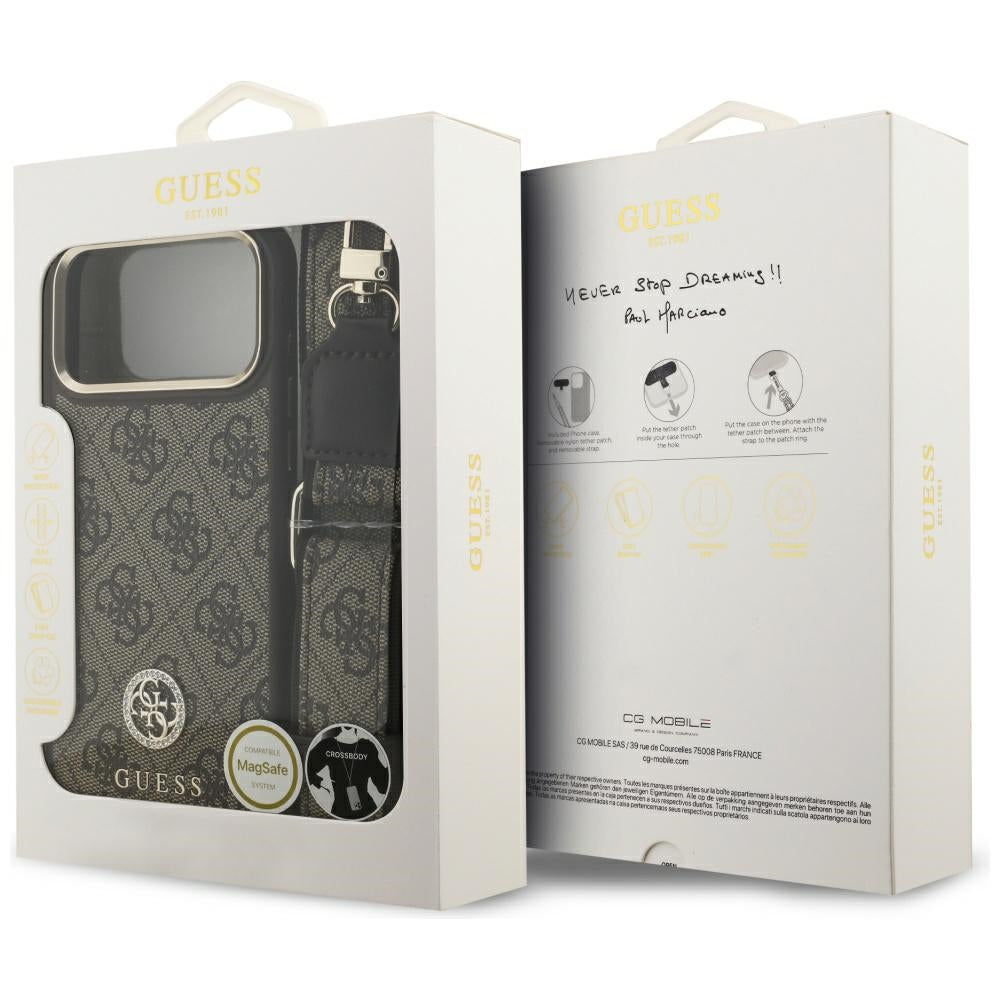 Ovitek MagSafe za Apple iPhone 17 Pro Max, Guess, 4G Strass Logo z velikim trakom, rjava