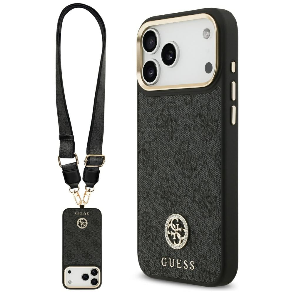 Ovitek MagSafe za Apple iPhone 17 Pro Max, Guess, 4G Strass Logo with Big Strap, črn
