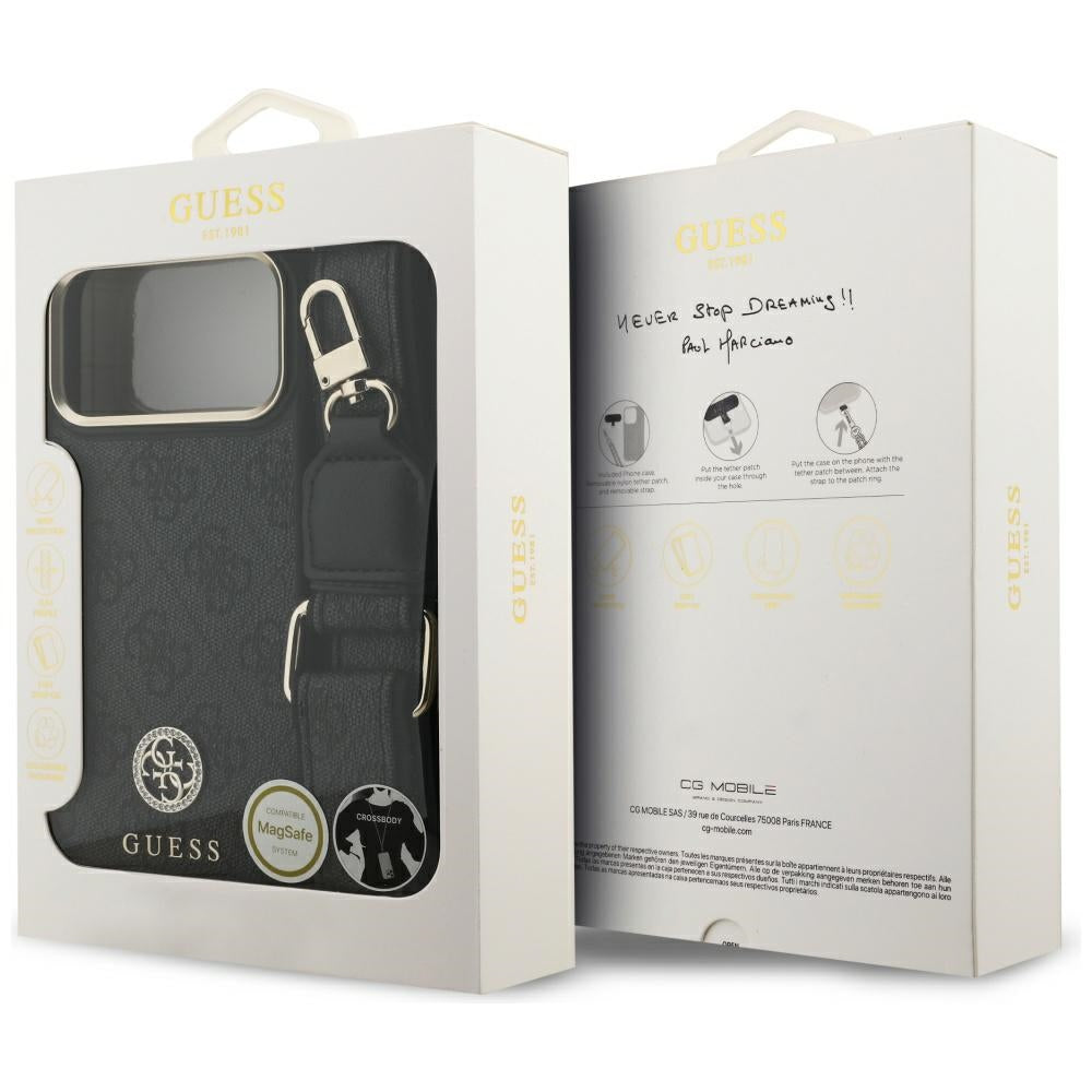 Ovitek MagSafe za Apple iPhone 17 Pro Max, Guess, 4G Strass Logo with Big Strap, črn