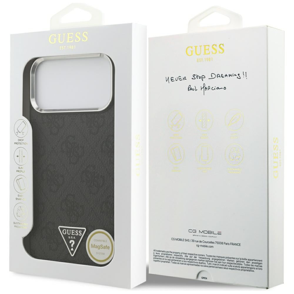 MagSafe ovitek za Apple iPhone 17 Pro Max, Guess, 4G Triangle Logo, črno srebrn.