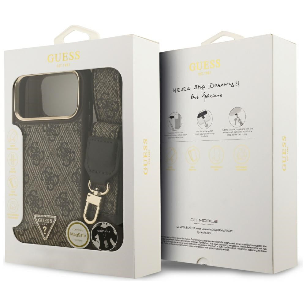 MagSafe ovitek za Apple iPhone 17 Pro Max, Guess, 4G Triangle Logo with Big Strap, rjava