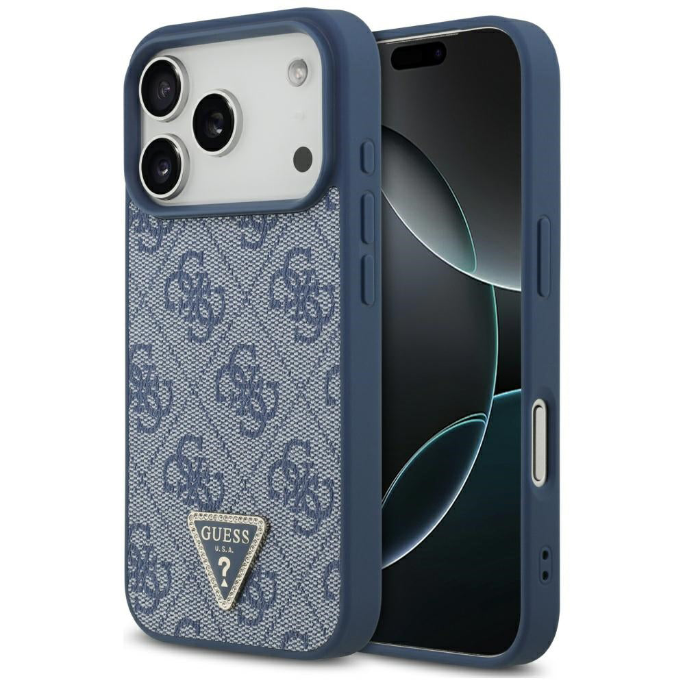 Ovitek MagSafe za Apple iPhone 17 Pro Max, Guess, 4G Triangle Strass, Modra