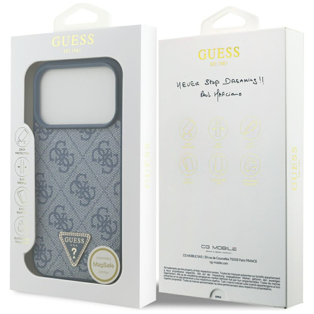 Ovitek MagSafe za Apple iPhone 17 Pro Max, Guess, 4G Triangle Strass, Modra