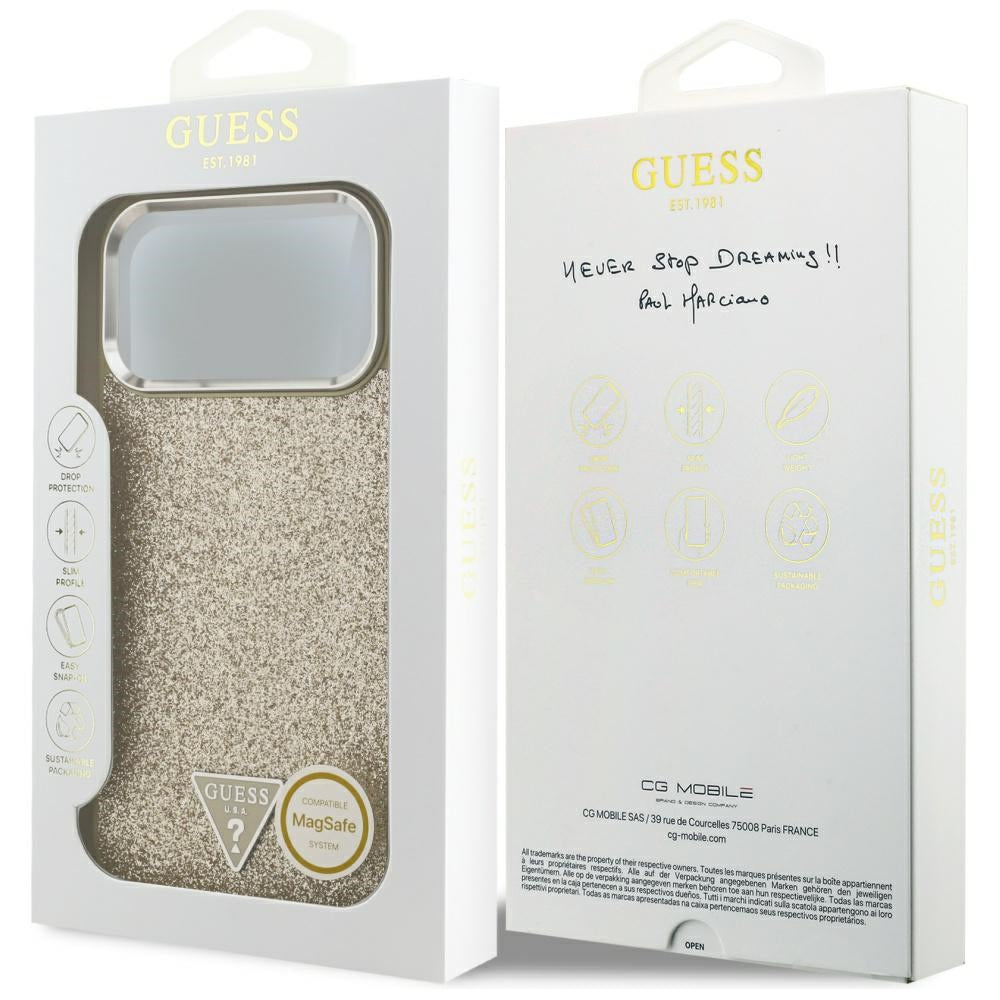 Ovitek MagSafe za Apple iPhone 17 Pro Max, Guess, Glitter Triangle Logo, Zlat